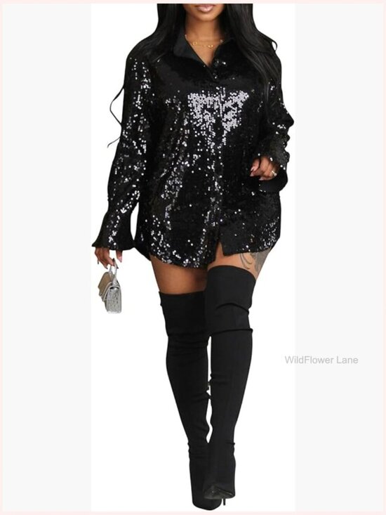 Dresses & Skirts - Sequin Button Down Shirt Dress Long Sleeve Sparkly Glitter Blouse Mini Dress